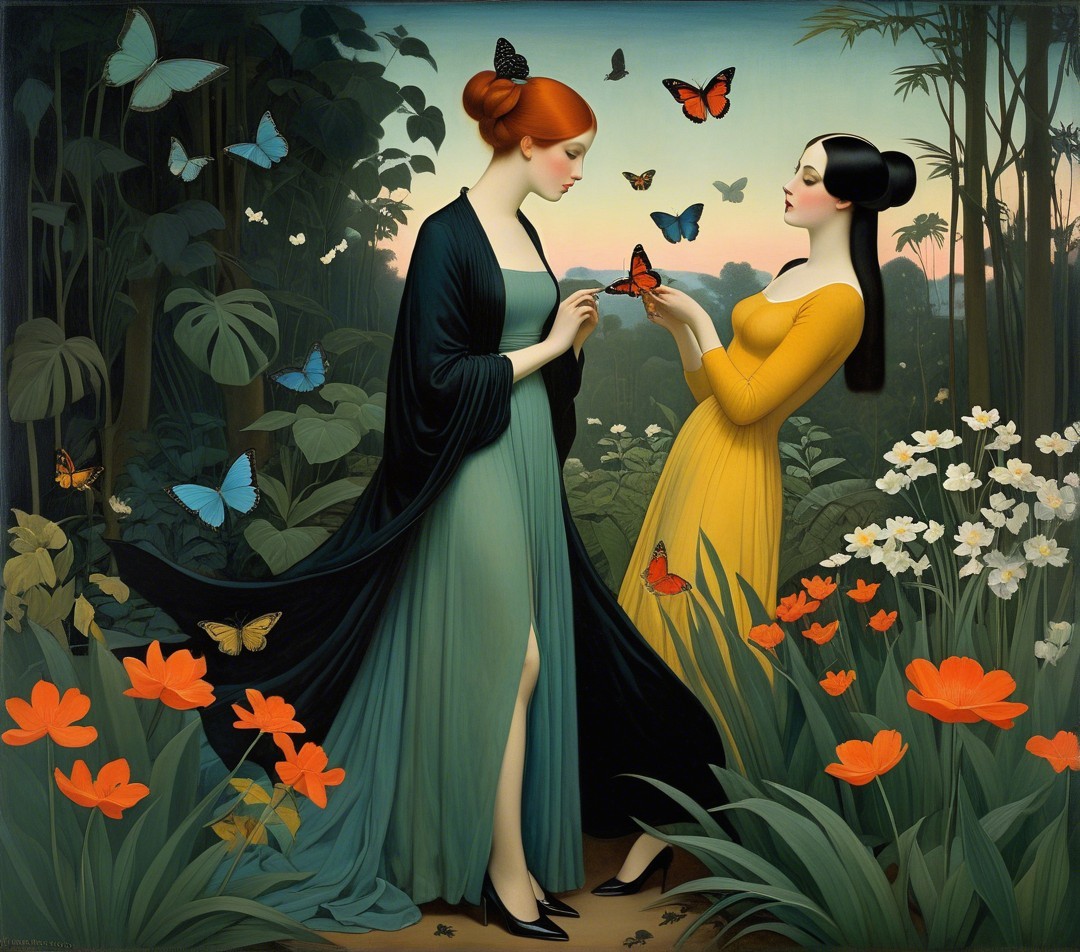 Women in a Vibrant Garden with Butterflies