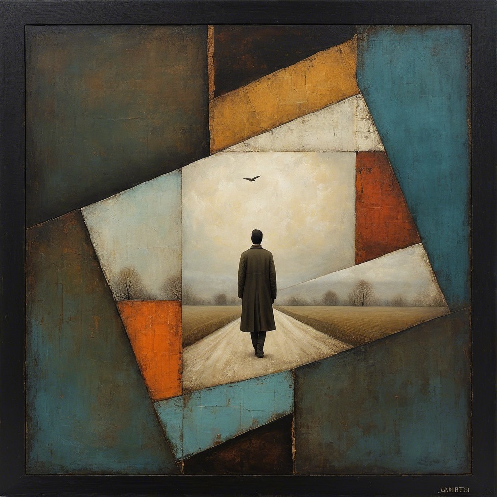 Solitary Figure in Desolate Landscape with Geometric Shapes