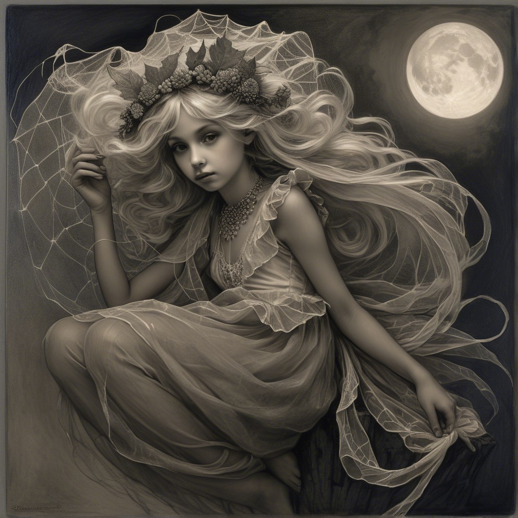 Mystical figure of a girl in a moonlit scene