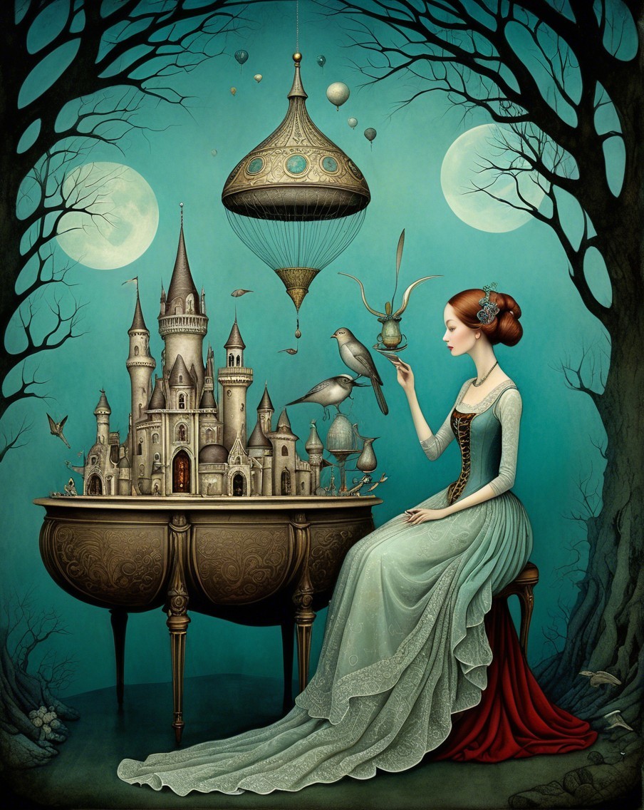 Elegant woman with teacup in whimsical castle scene