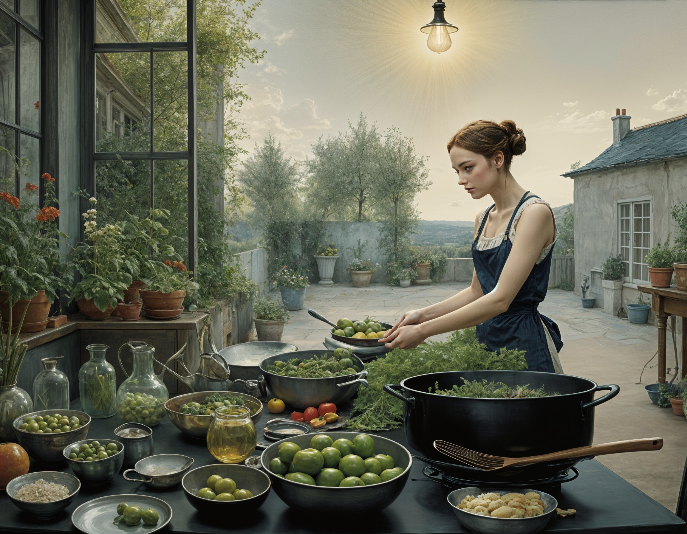 Young woman cooking in a sunlit kitchen with herbs