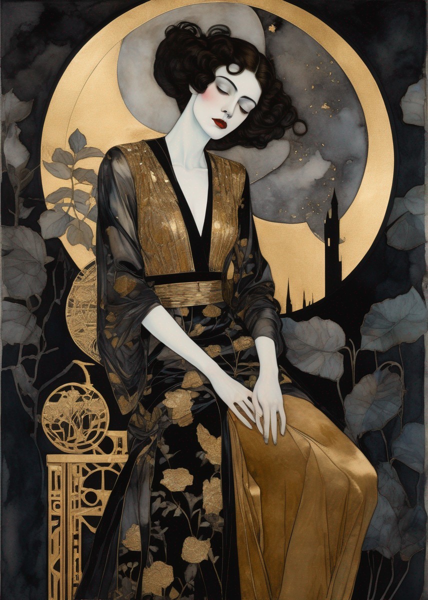 Art Deco Illustration of Woman in Gold and Black Outfit