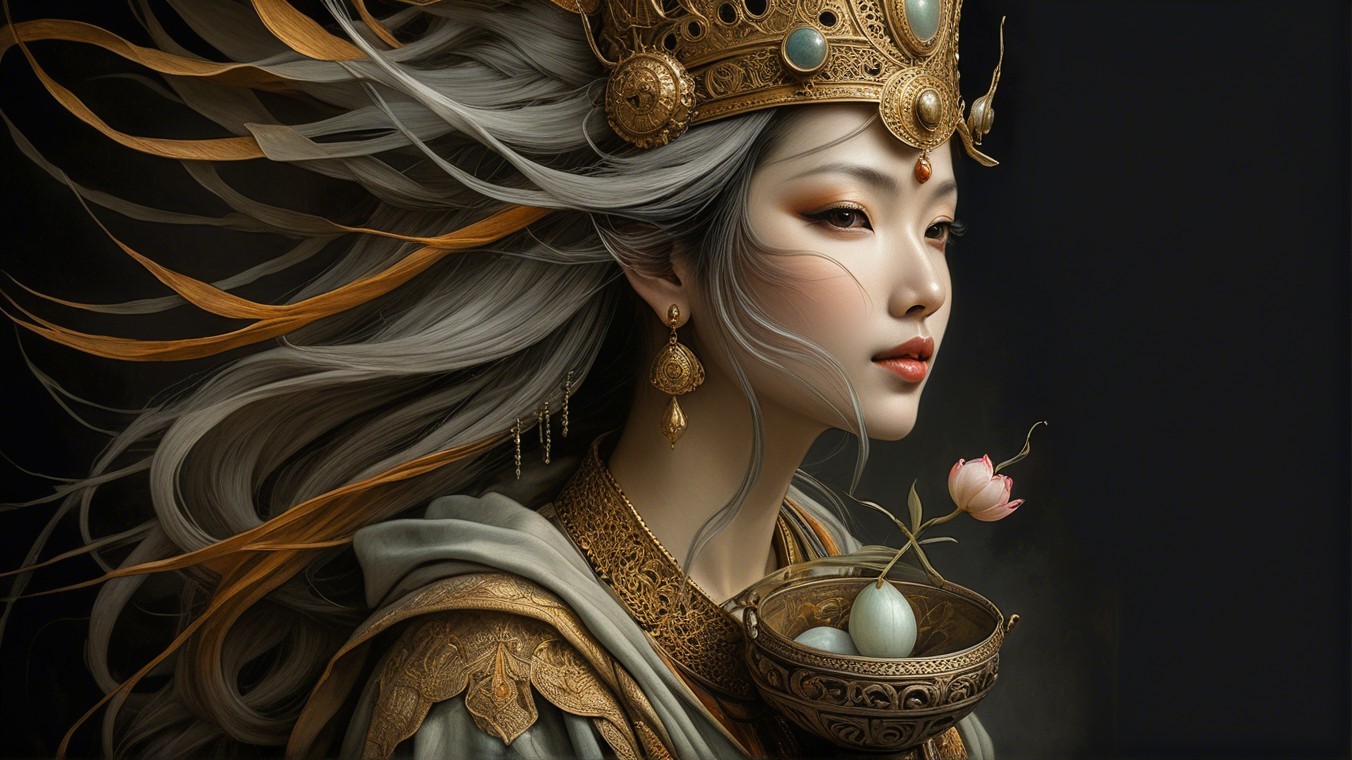 Regal figure with silver hair and ornate bowl display