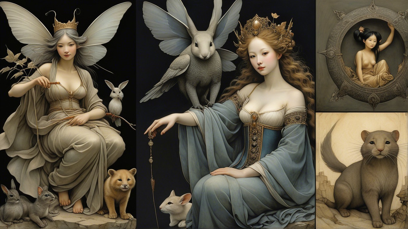 Fantastical Scene with Ethereal Beings and Animals
