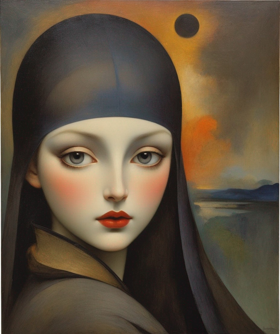 Surreal Portrait of Woman in Nun's Habit with Dark Sun