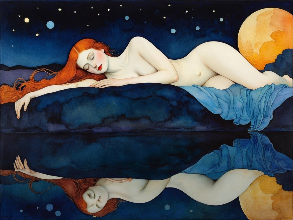 Nude Woman with Red Hair in Ethereal Night Landscape