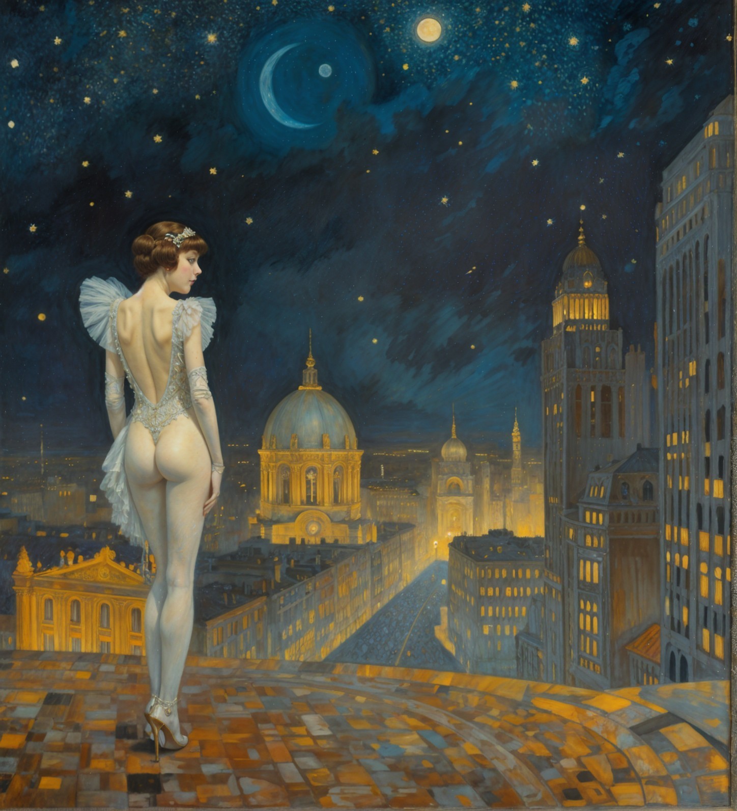 Silhouetted Figure Against Starry Night Over Cityscape