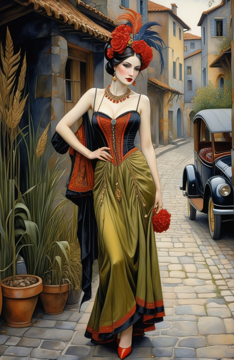 Glamorous Woman in Elegant Dress on Cobblestone Street