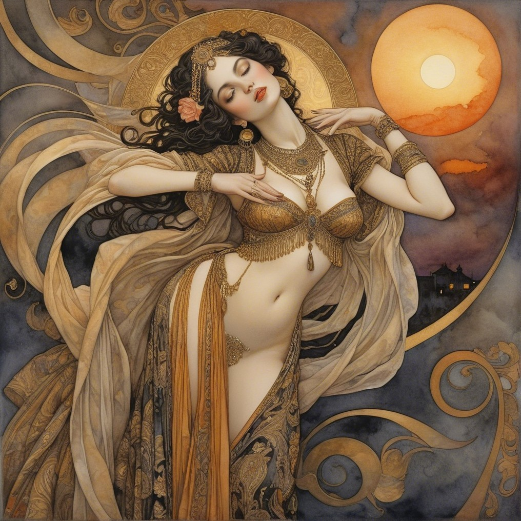 Elegant woman in golden attire with moon backdrop