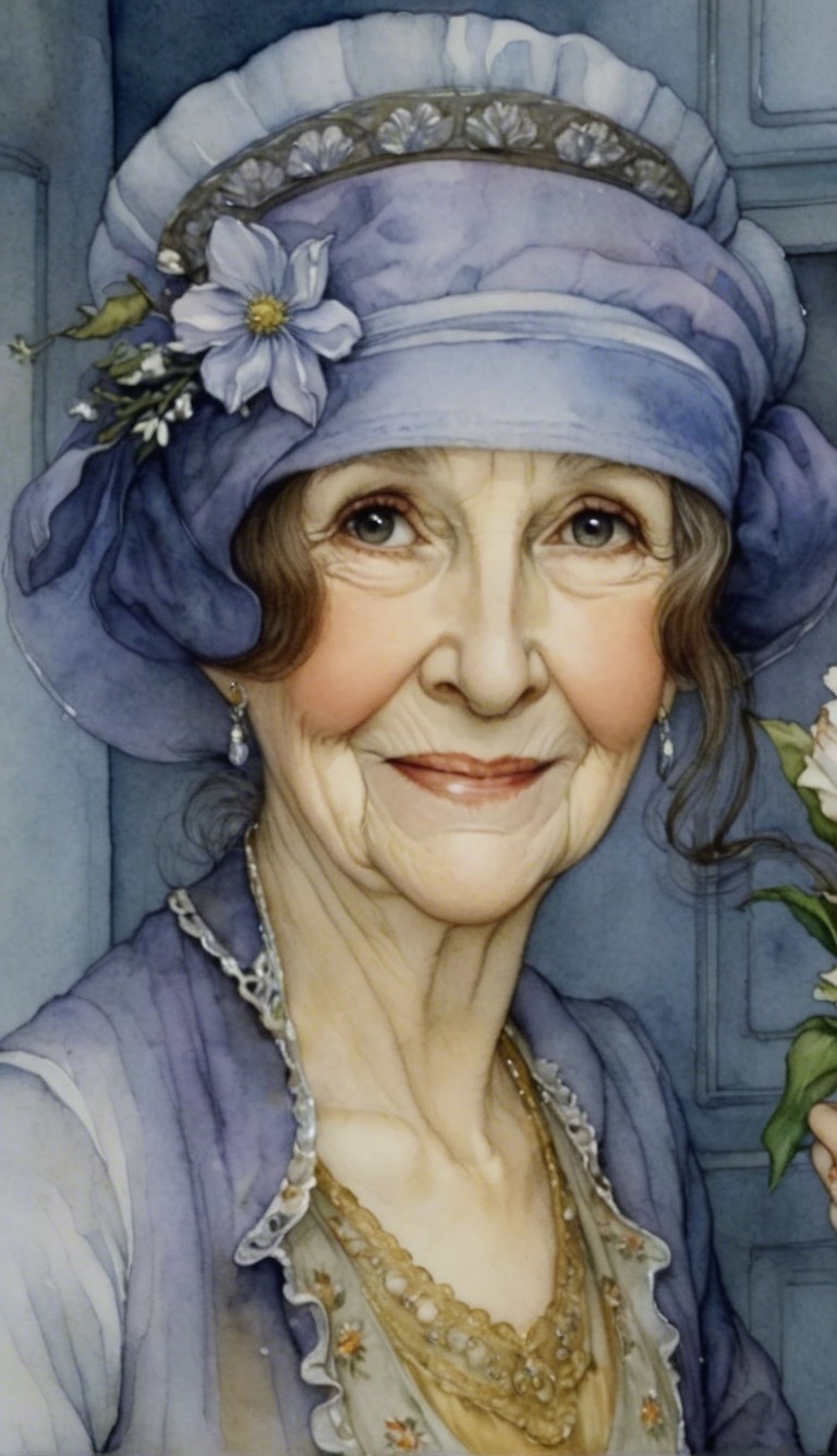 Elderly Woman in Lavender Outfit with Pink Roses