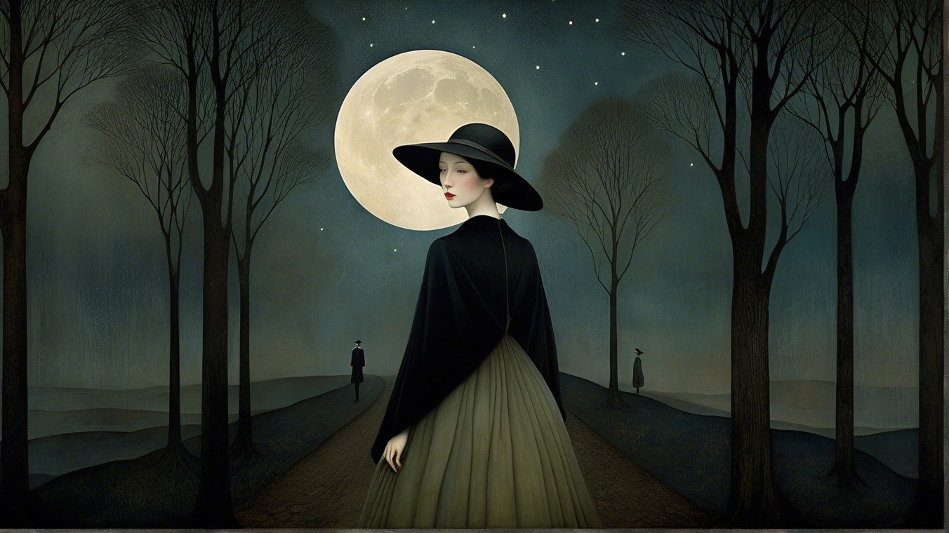 Moonlit Landscape with Woman in Elegant Gown
