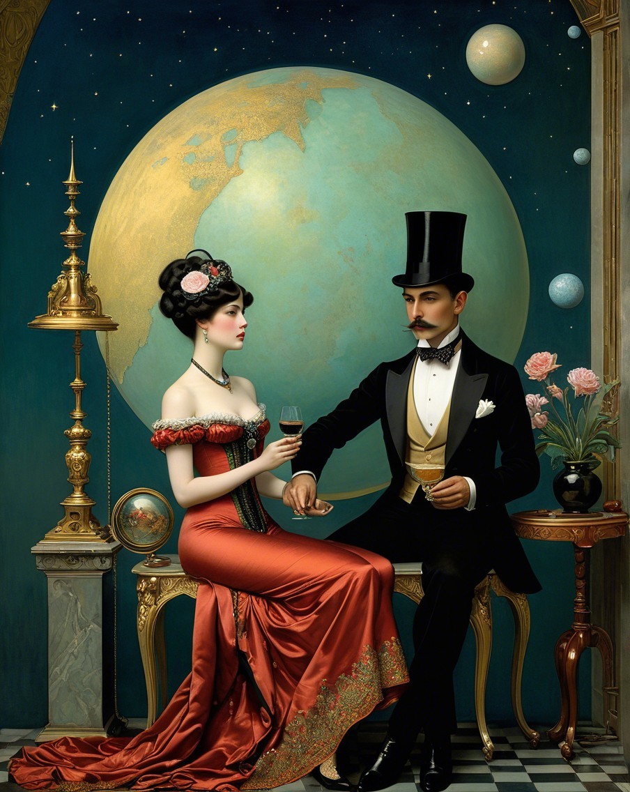 Elegant Vintage Couple in Opulent Setting with Globe