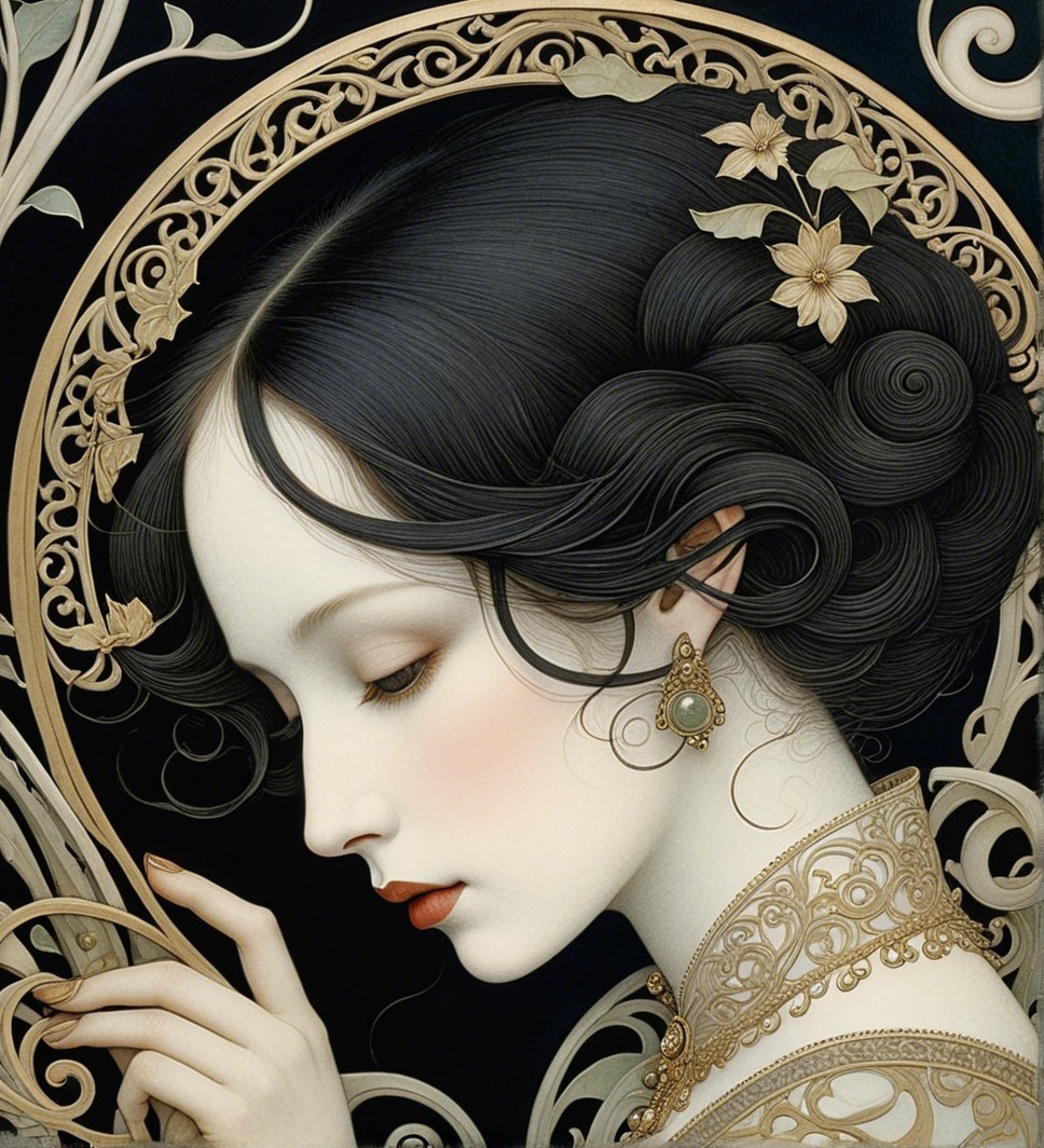 Serene female figure with floral details and golden designs