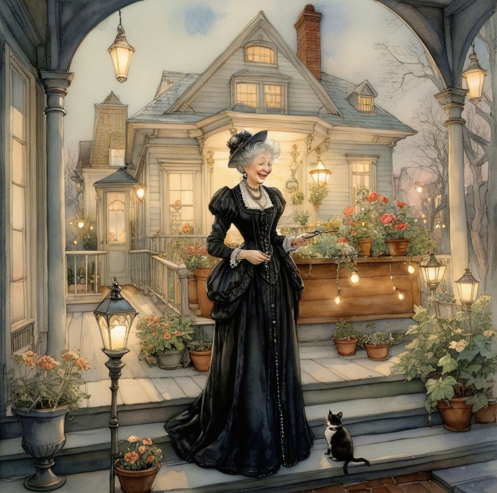 Elegant Woman in Garden with Book and Black Cat