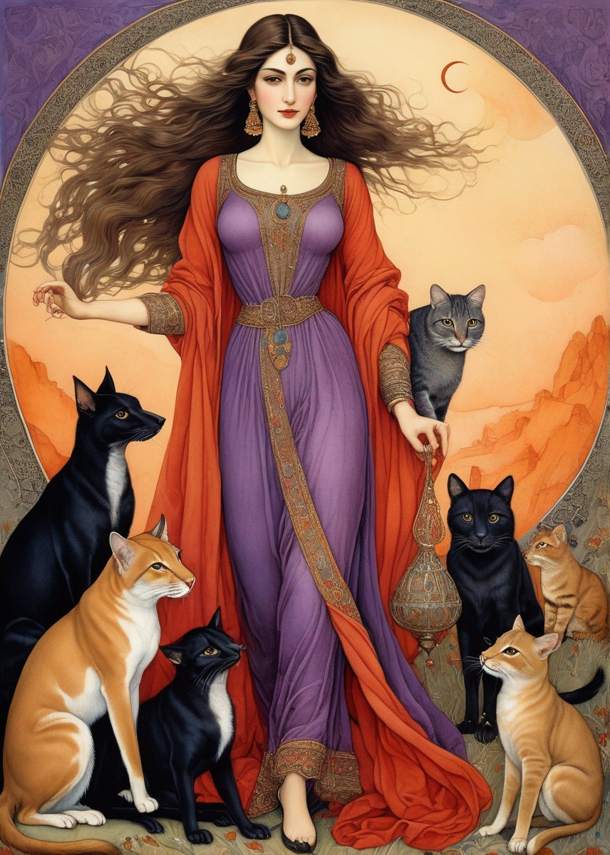 Woman with Flowing Hair in Mystical Cat Setting