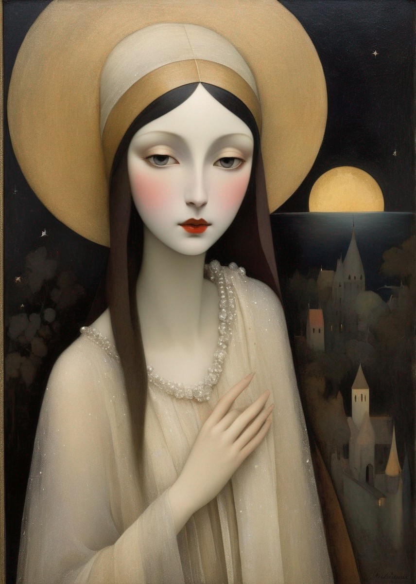 Solemn Woman in Hat Against Moonlit Town Backdrop