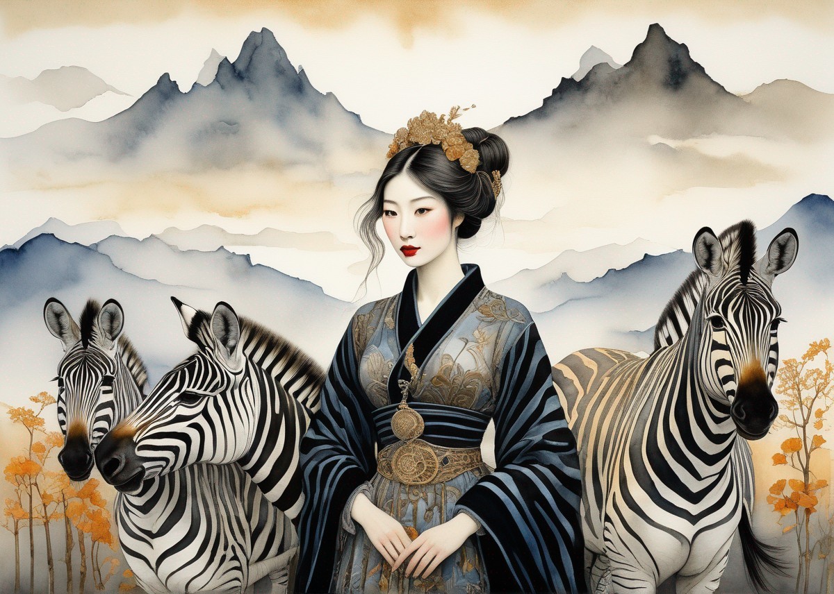 Traditional Asian Woman with Zebras in Mountain Scene