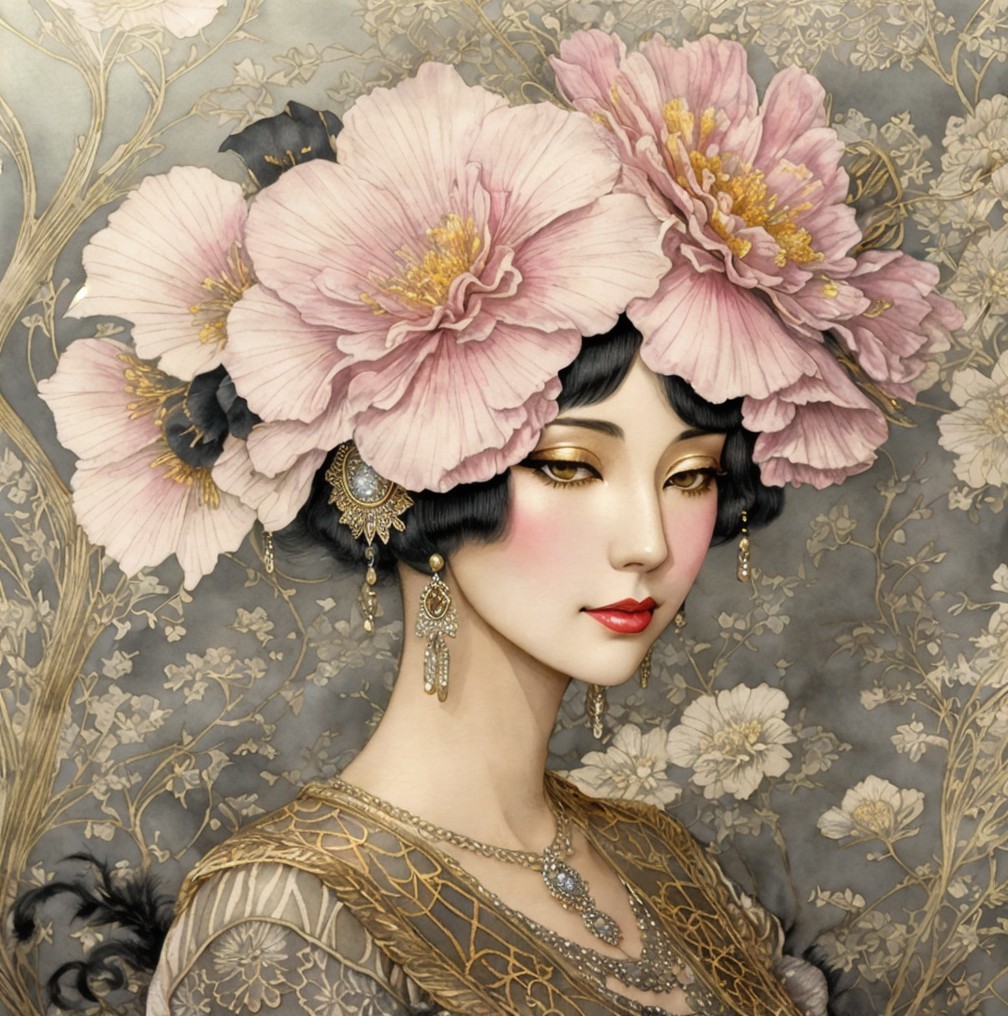 Portrait of a woman with pink flower crown and jewelry