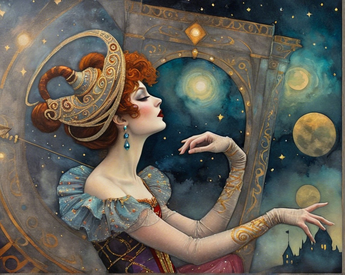 Regal woman in elegant gown against celestial backdrop
