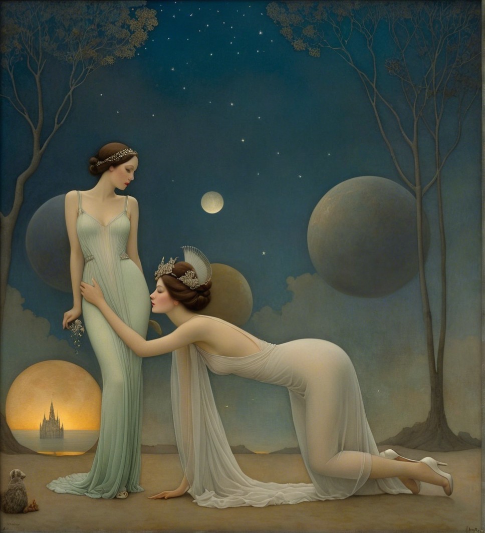Ethereal Figures in Dreamlike Starlit Landscape