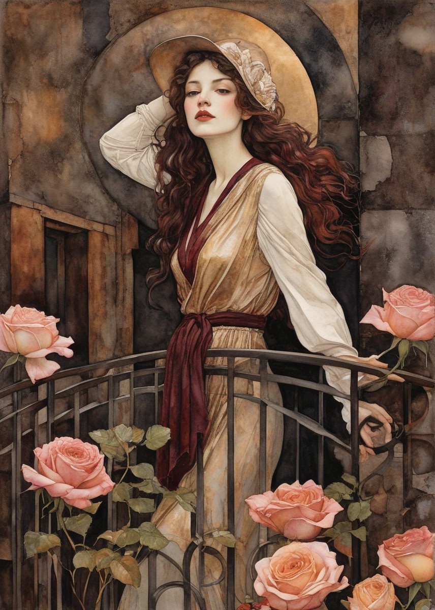 Red-haired woman in vintage dress on balcony with pink roses: a romantic scene