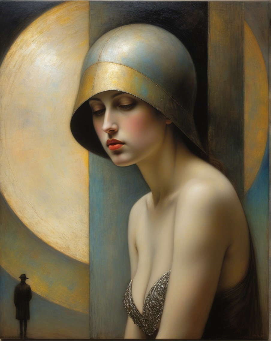 Melancholic Woman in Silver Top with Shadowy Figure