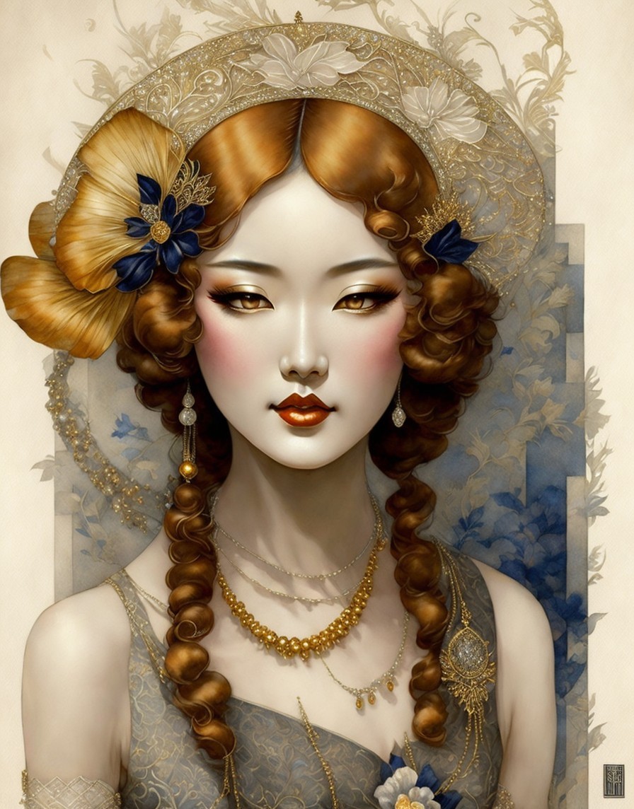 Portrait of a woman with curly hair and floral accents