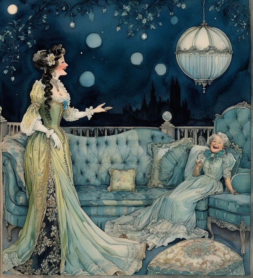 Elegant Women in Vintage Setting with Night Sky