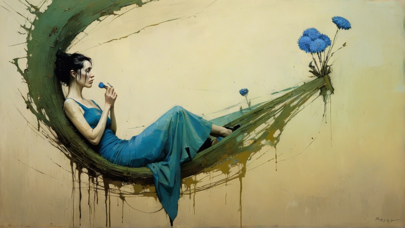 Serene Woman in Blue Dress on Green Crescent