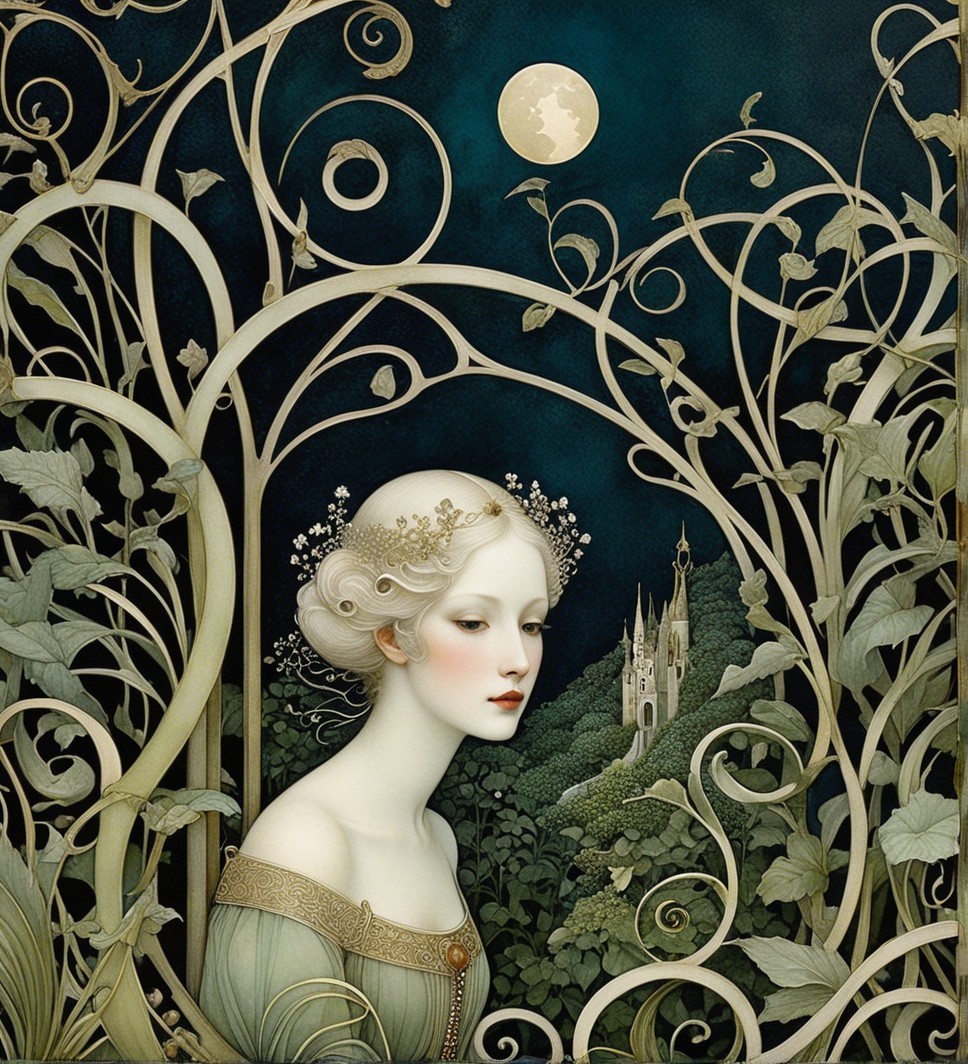 Ethereal Woman Surrounded by Vines and Moonlit Castle