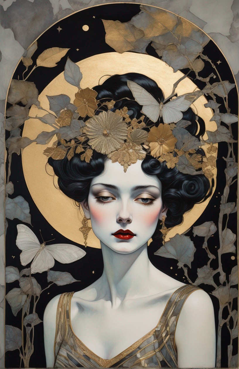 Art Deco Portrait of Woman with Floral and Moon Elements