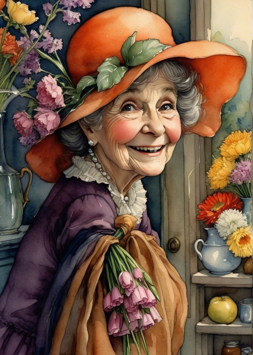 Elderly Woman in Orange Hat Surrounded by Flowers