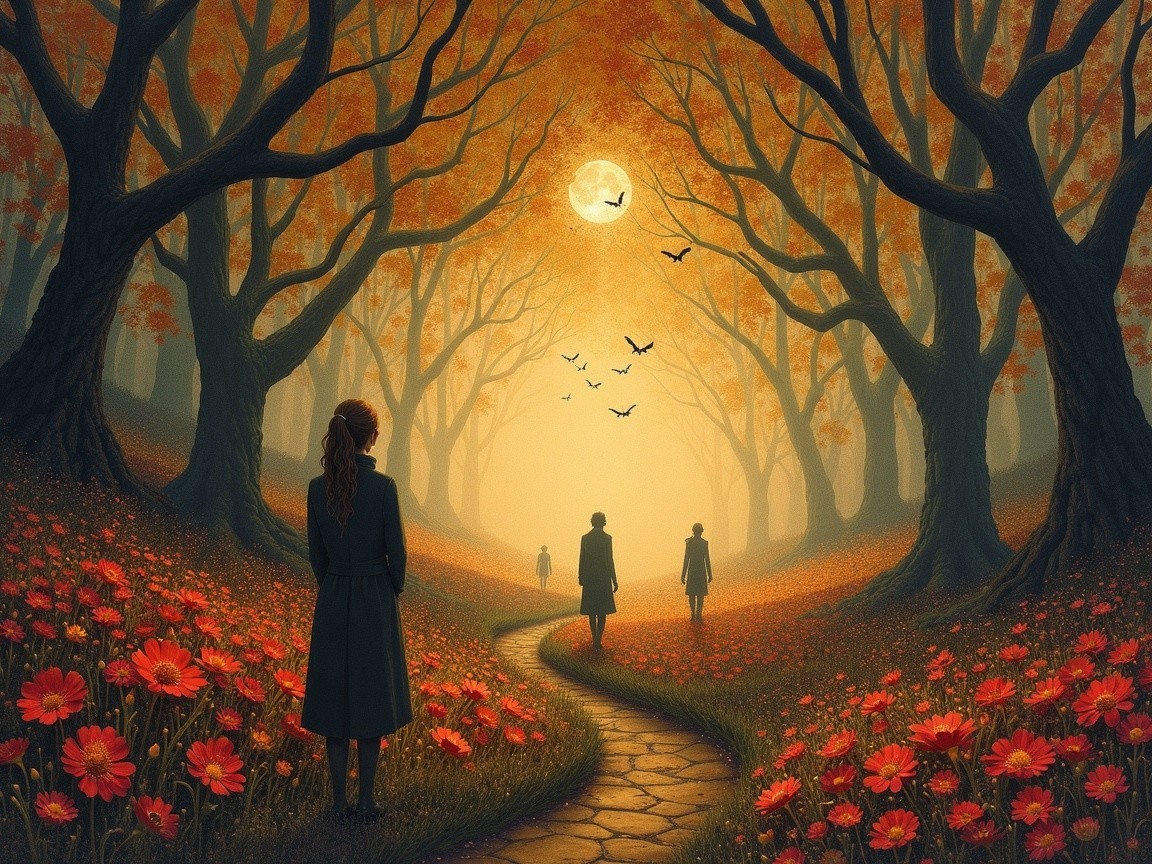 Autumn Forest Scene with Figures and Moonlit Sky