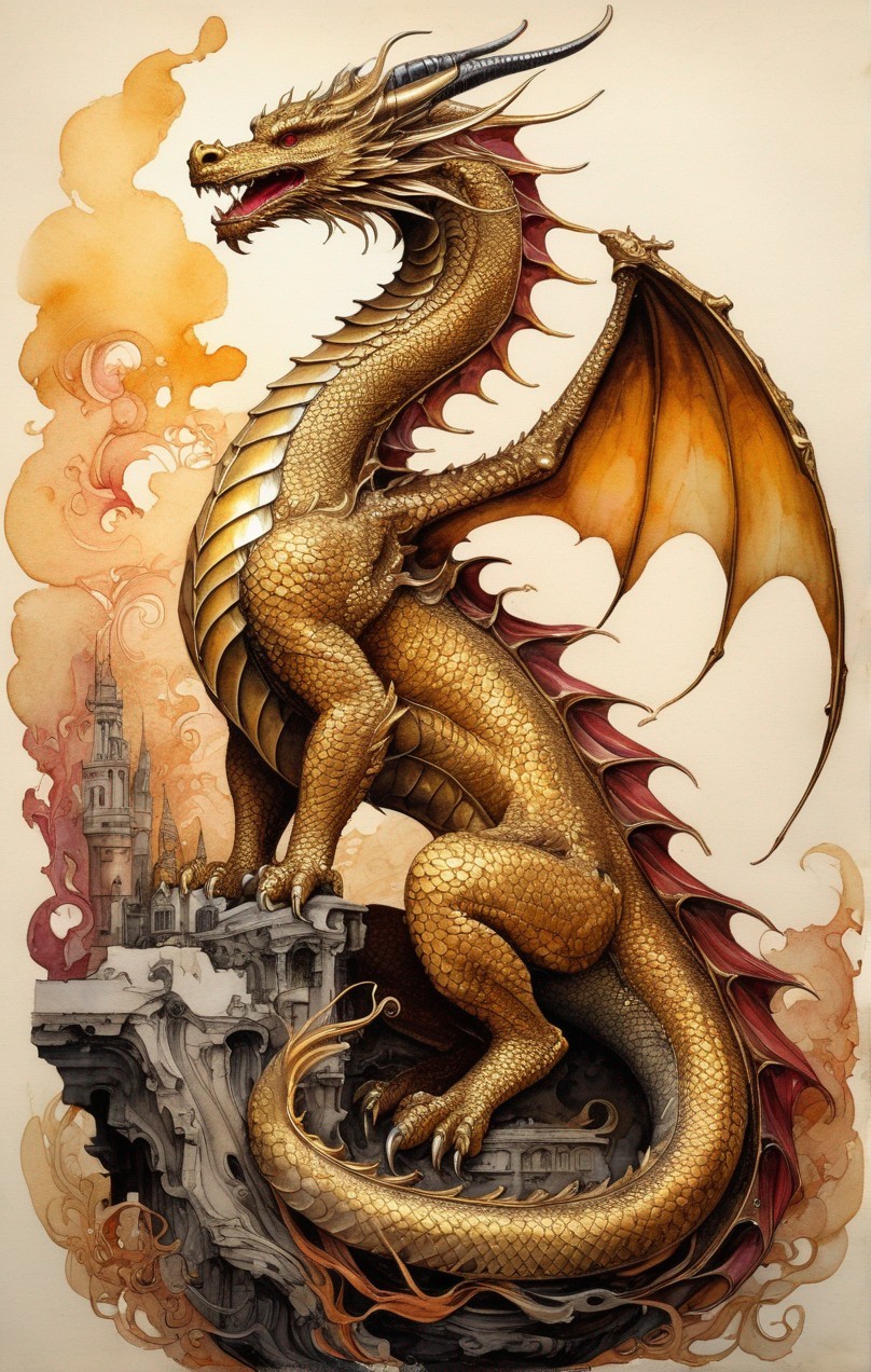 Detailed golden dragon on rocky outcrop with castle in smoky background