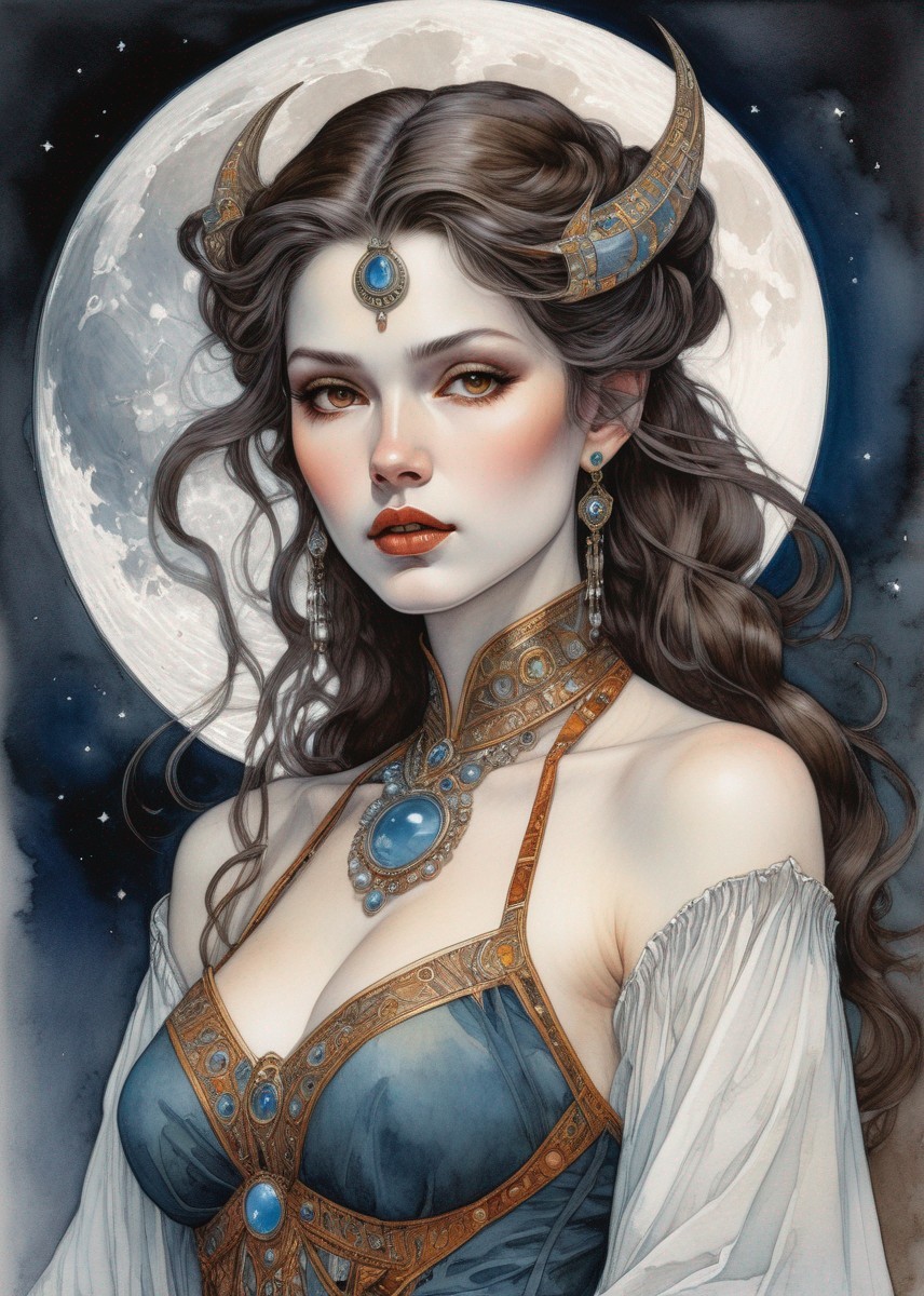 Fantasy Portrait of Woman with Moon Crown and Jewelry
