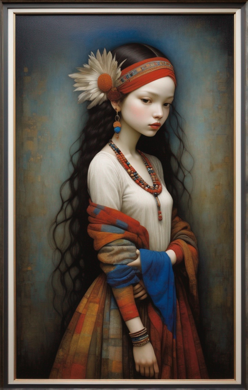 Portrait of girl with long dark hair, headband with feather, striped garment, bead necklaces,