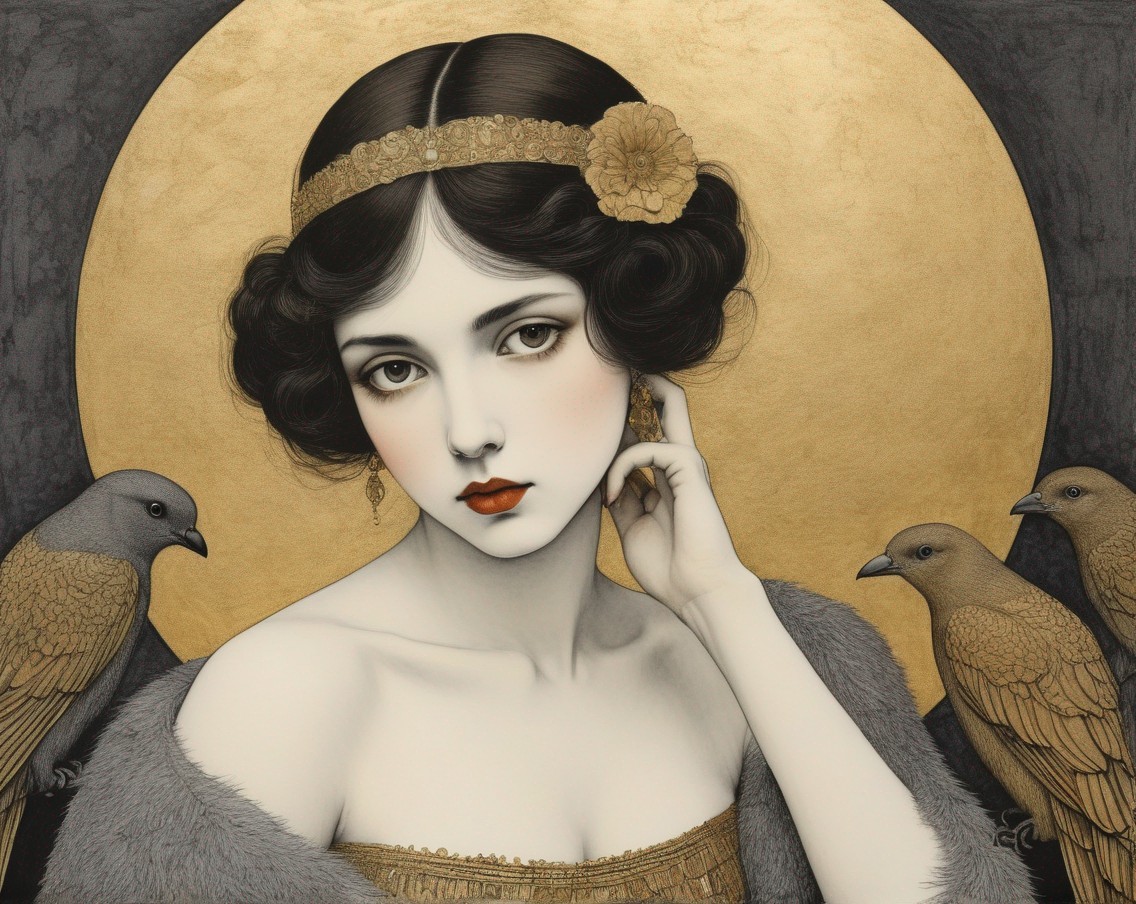 Stylized portrait of a woman with golden birds