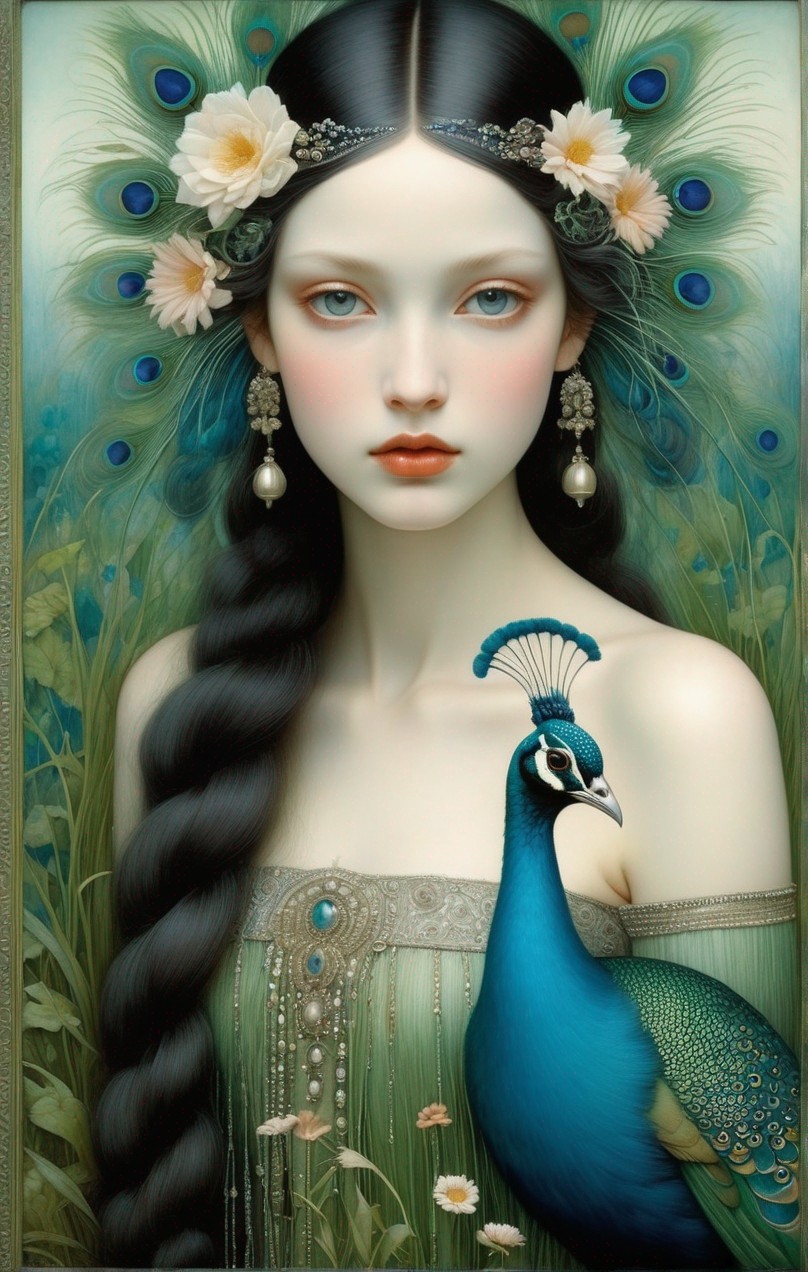 Portrait of woman with peacock-like features and decorative headband, braided hair, peacock beside
