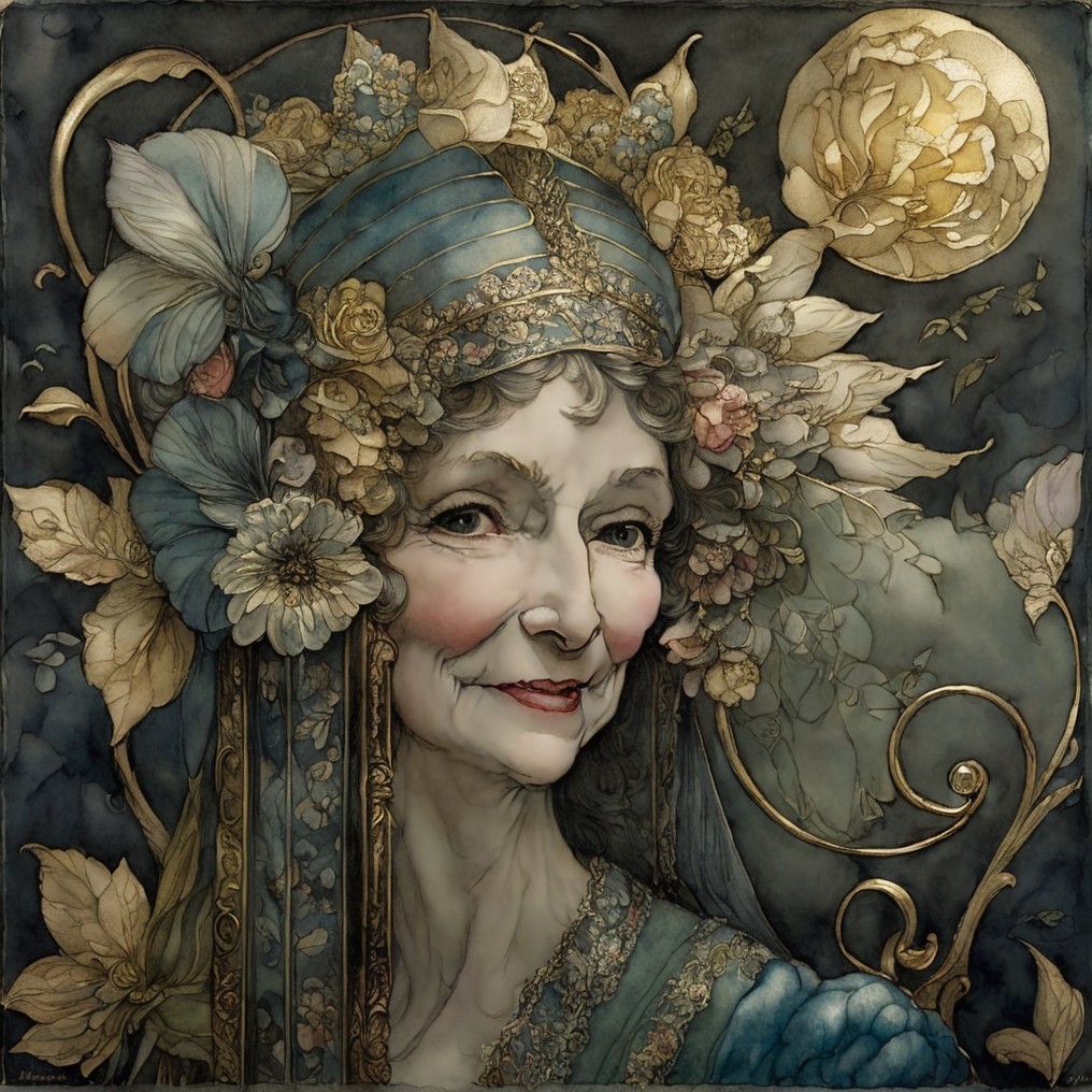 Elderly Woman with Floral Headdress and Moonlit Background