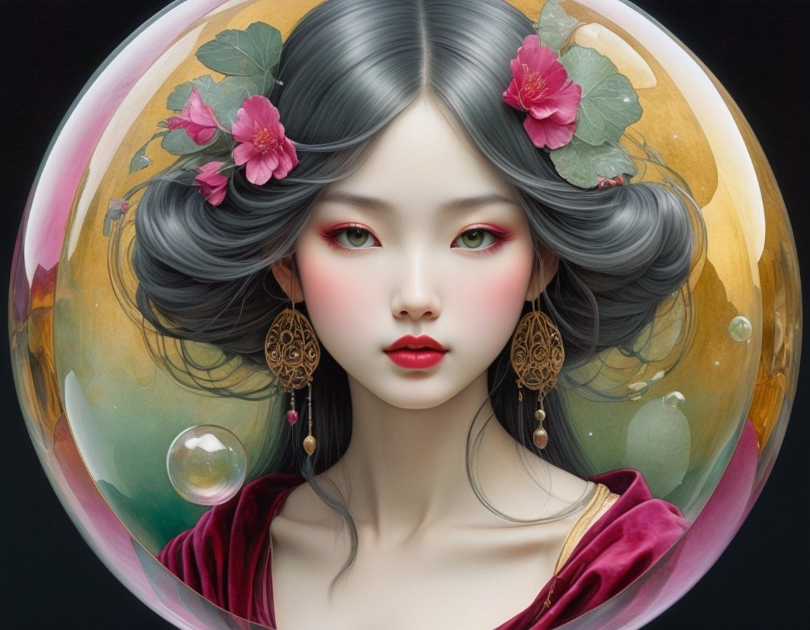 Digital artwork of a woman in a floral hair sphere