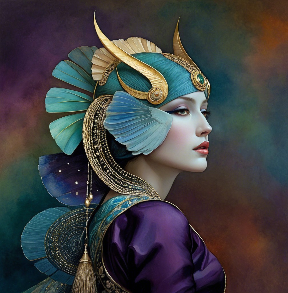 Regal figure with elaborate headdress and jewelry