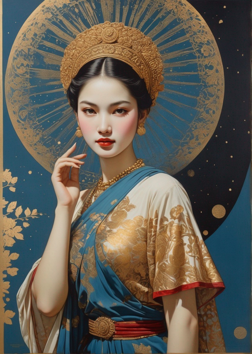 Young Woman in Blue and Gold Traditional Robe