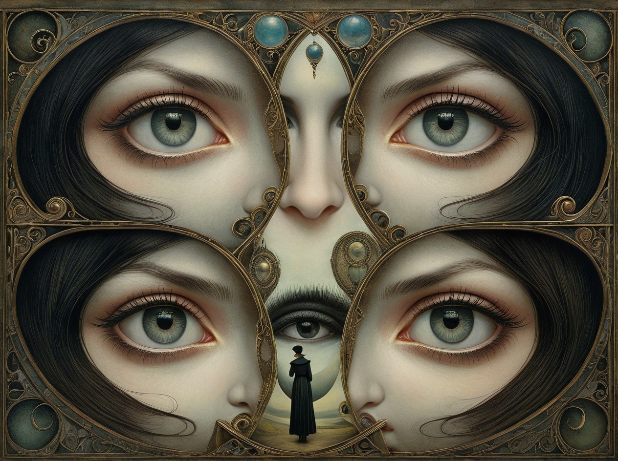 Surrealist Painting with Symmetrical Female Faces and Eyes