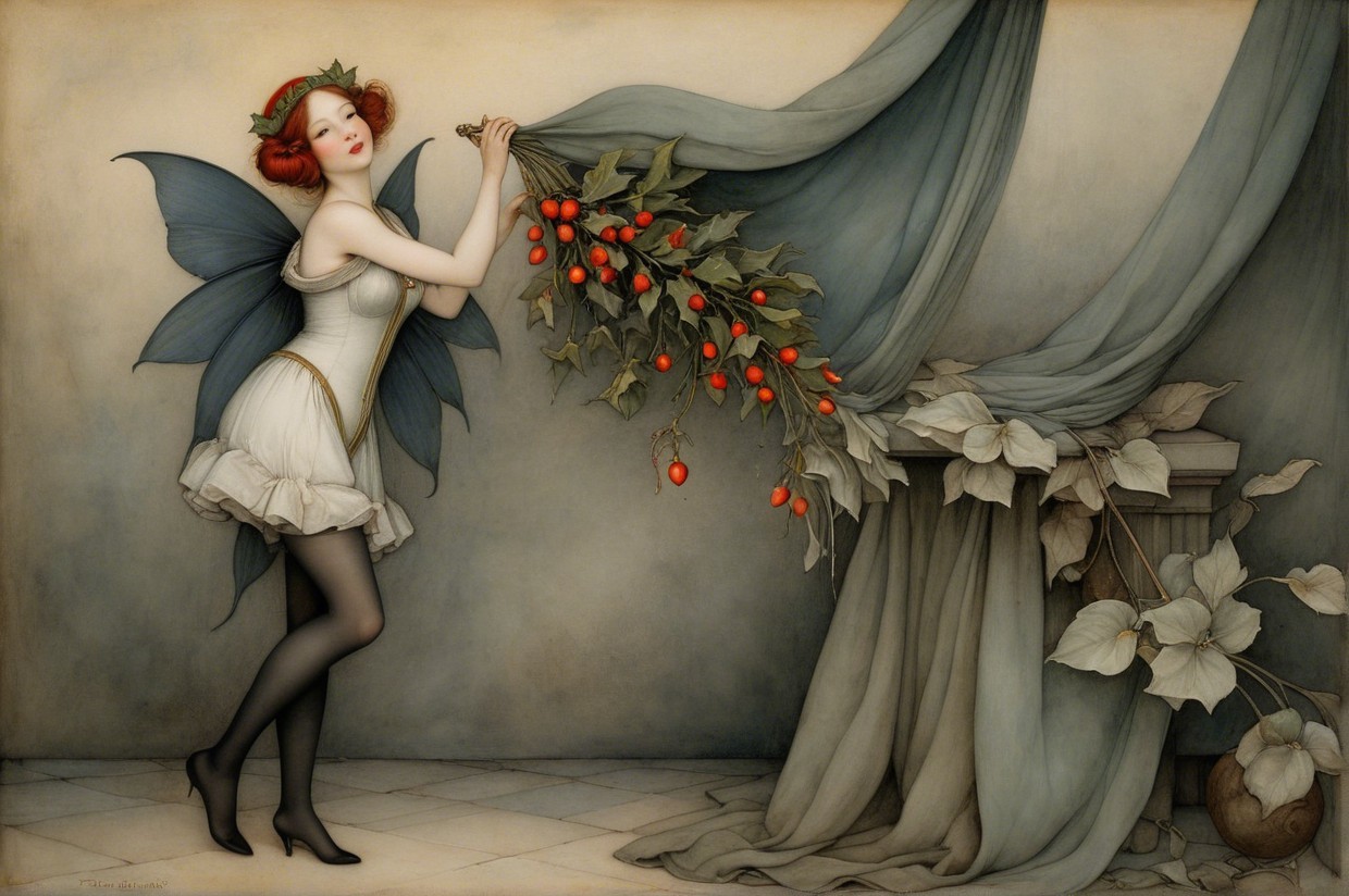 Whimsical Fairy with Blue Wings and Orange Berries