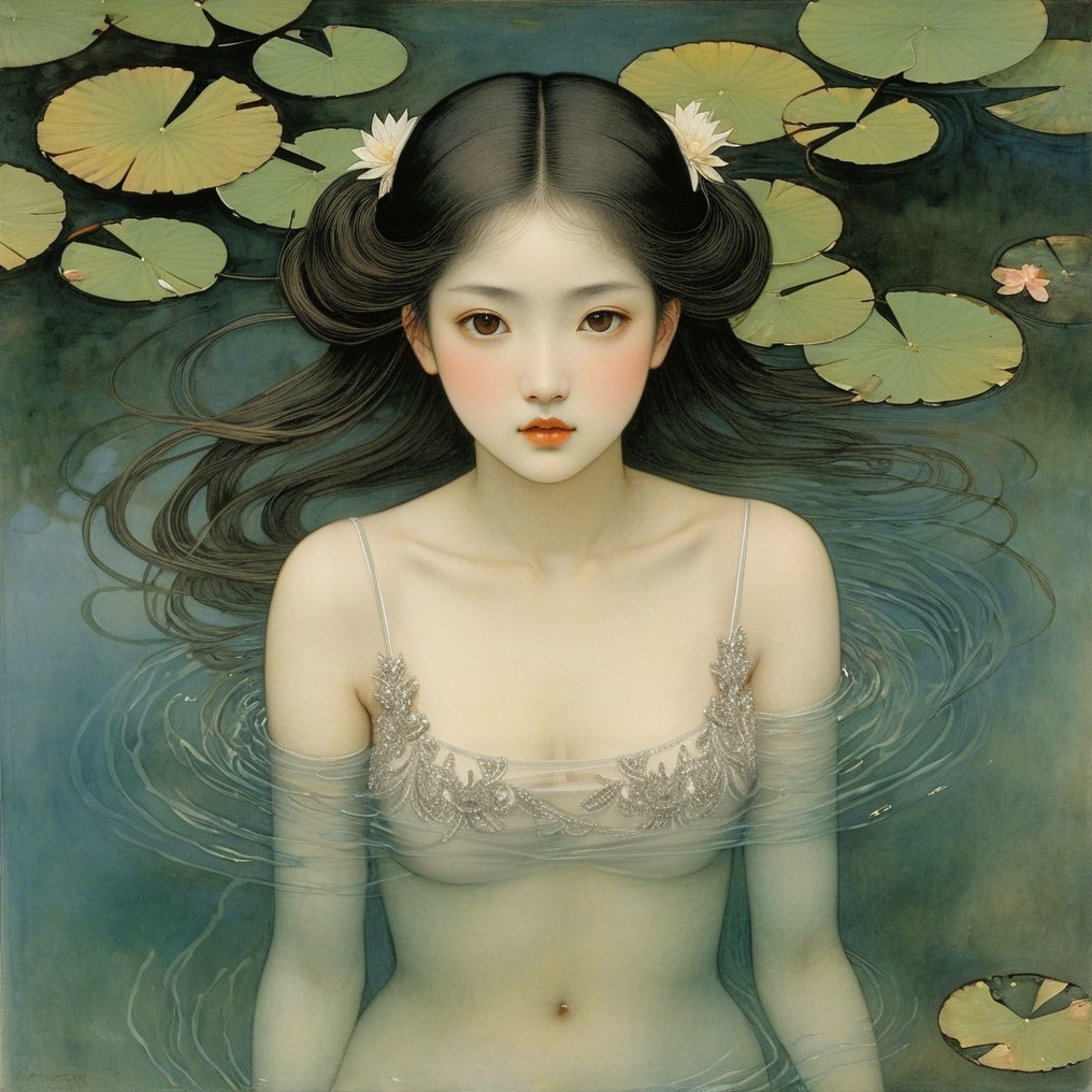 Young Woman in Water Surrounded by Lily Pads