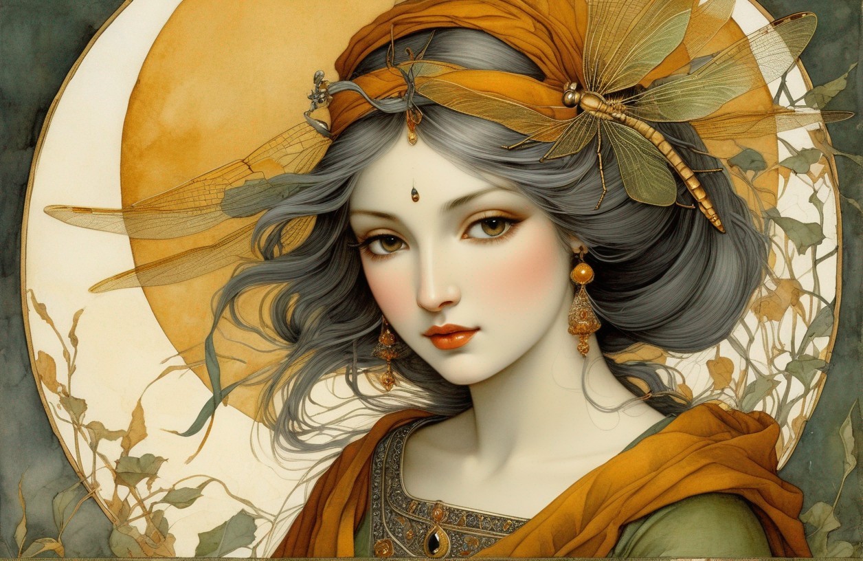 Illustration of a woman with gray hair and accessories