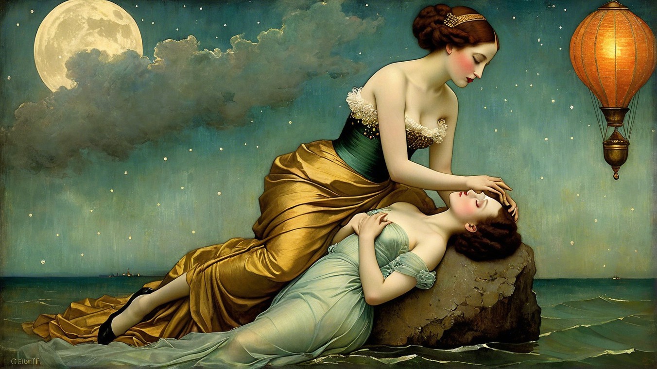 Women in Dreamlike Setting with Moon and Lantern