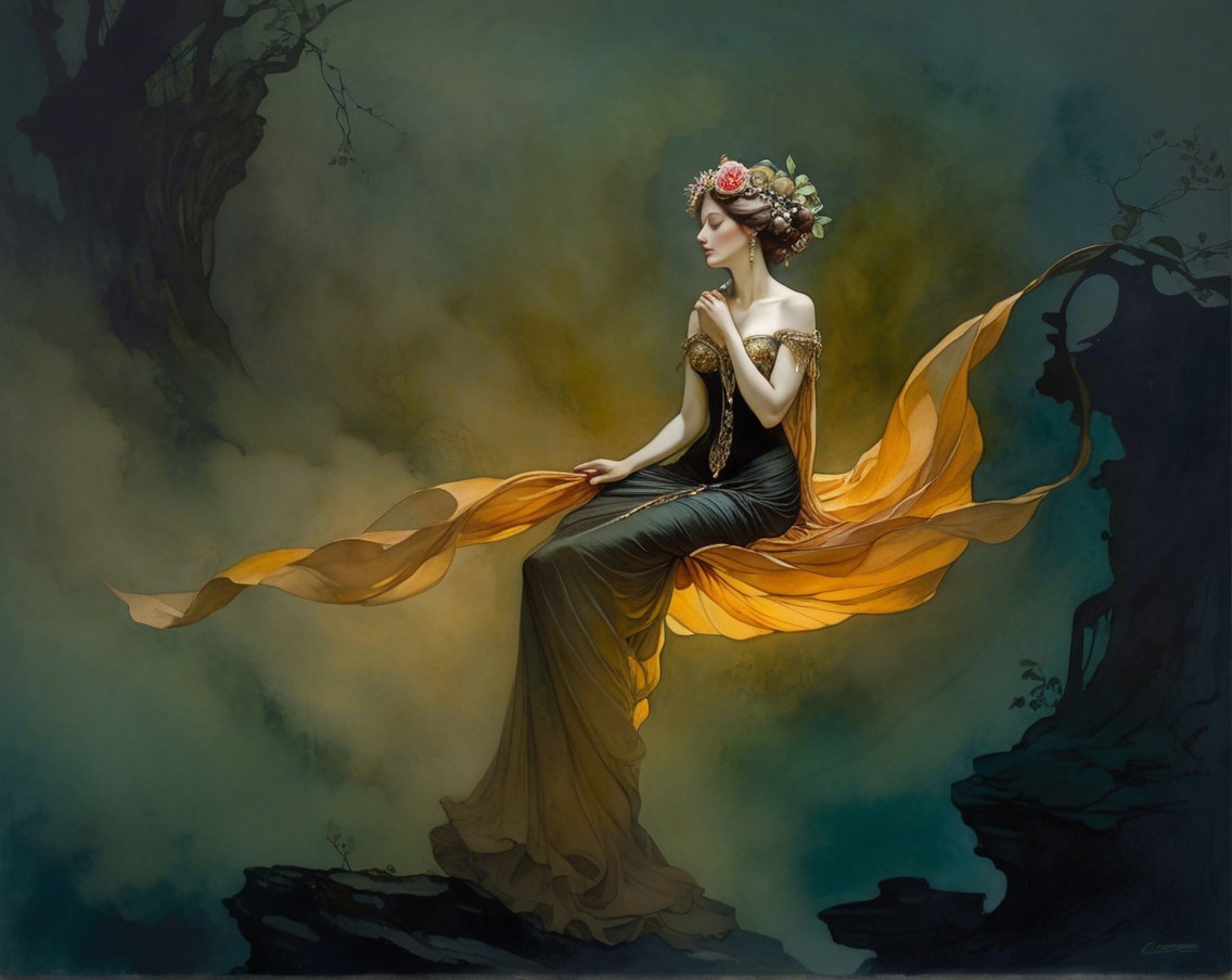 Serene Figure in Flowing Gown with Ethereal Beauty