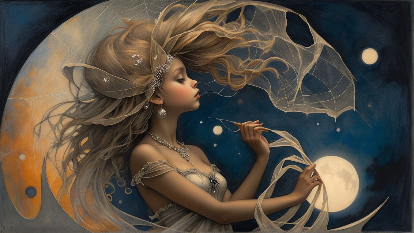 Serene Woman in Translucent Fabrics Against Night Sky