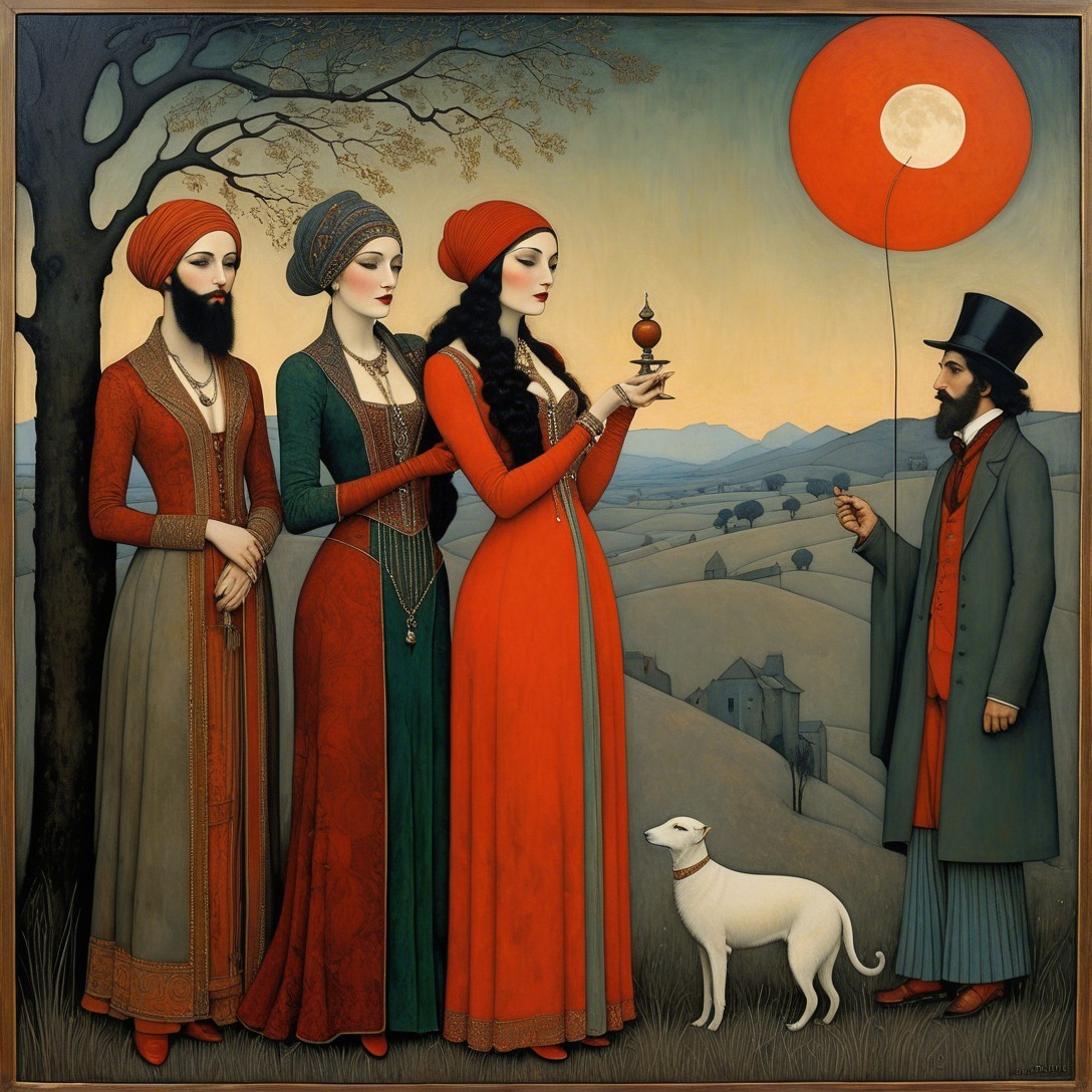 Painting of Three Women and a Man with a Dog